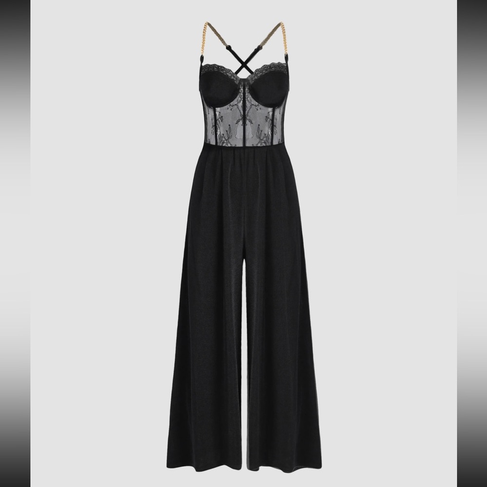 Solid Lace Corset Chain Cross Wide Leg Jumpsuit